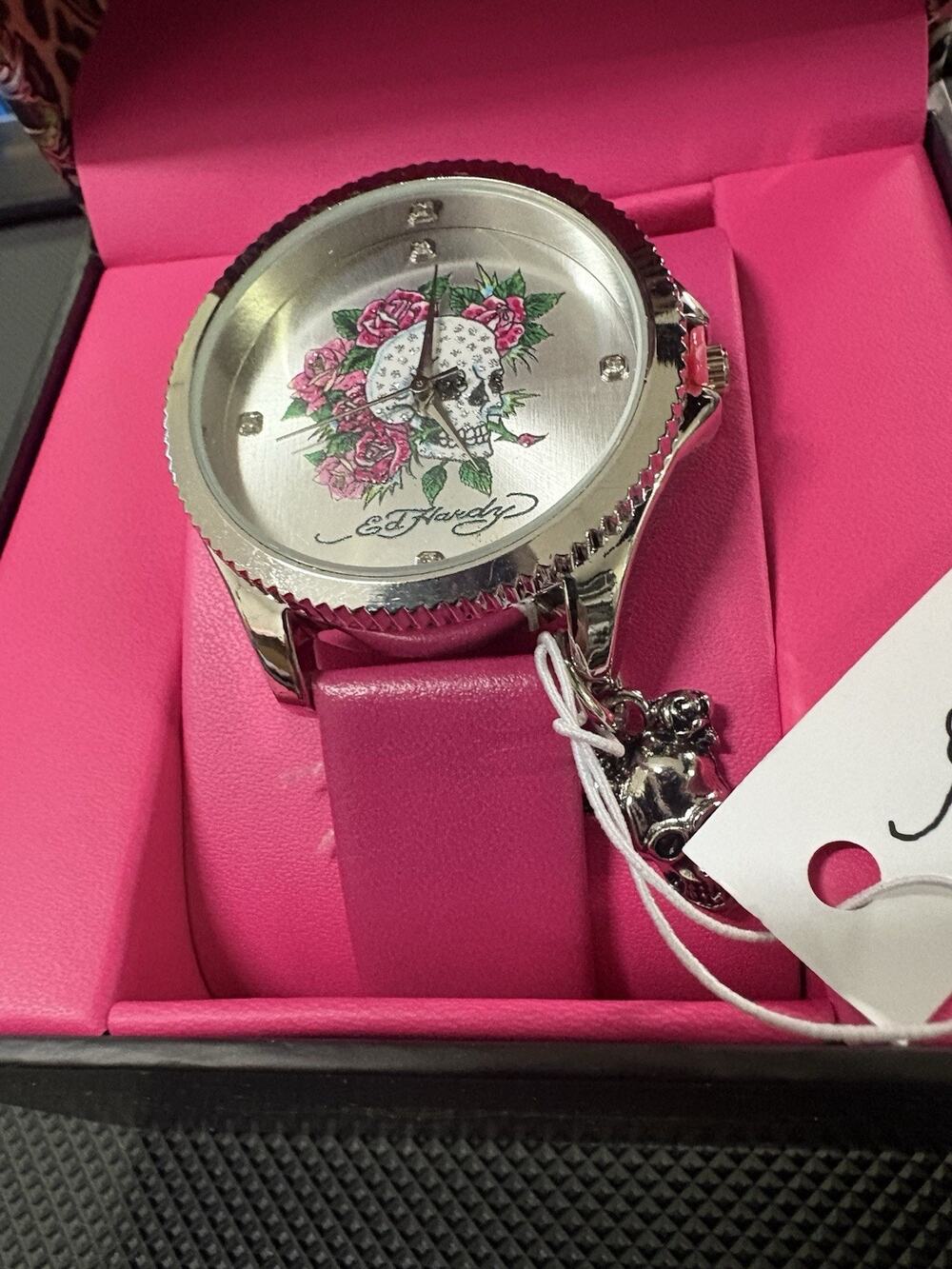 Ed Hardy Skull Roses Women's Quartz Analog Watch Silver Dial Pink Strap w/ Box